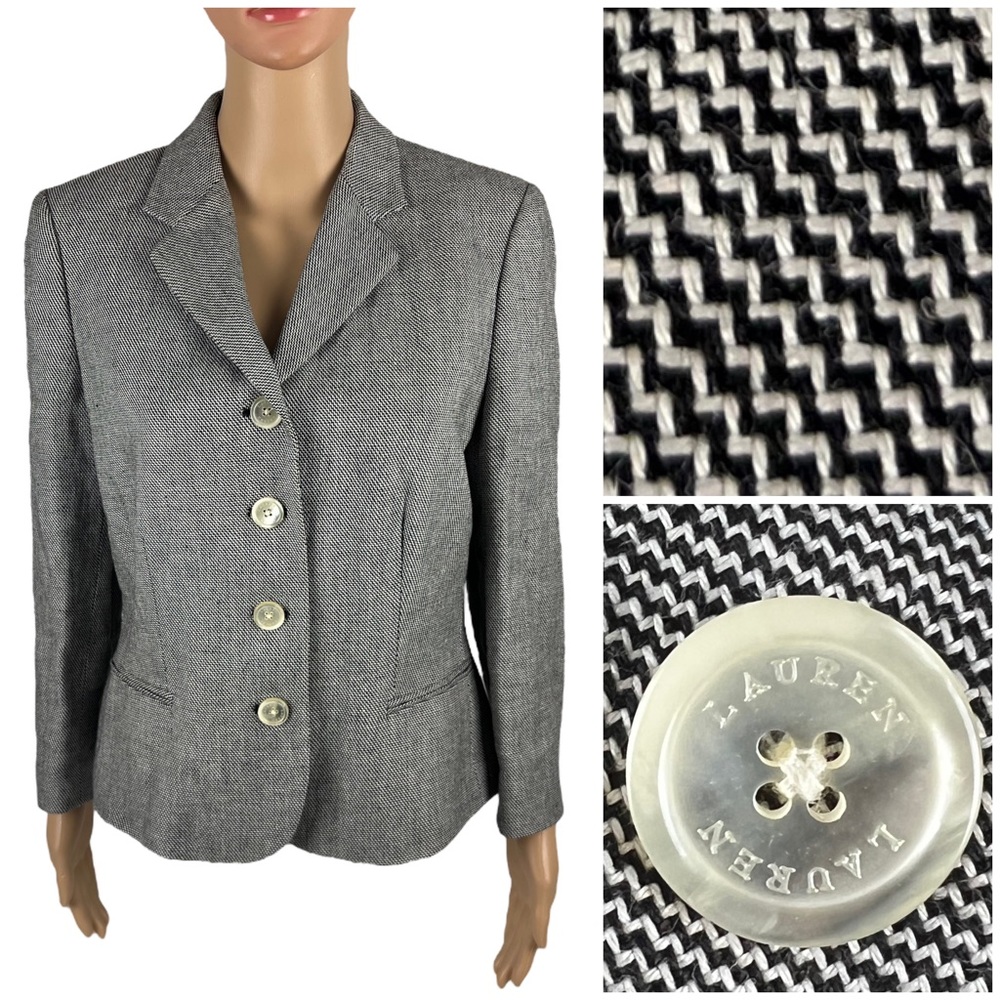 Lauren Ralph Lauren Women 12 Petite Blazer Jacket 100% Linen Black White Chevron